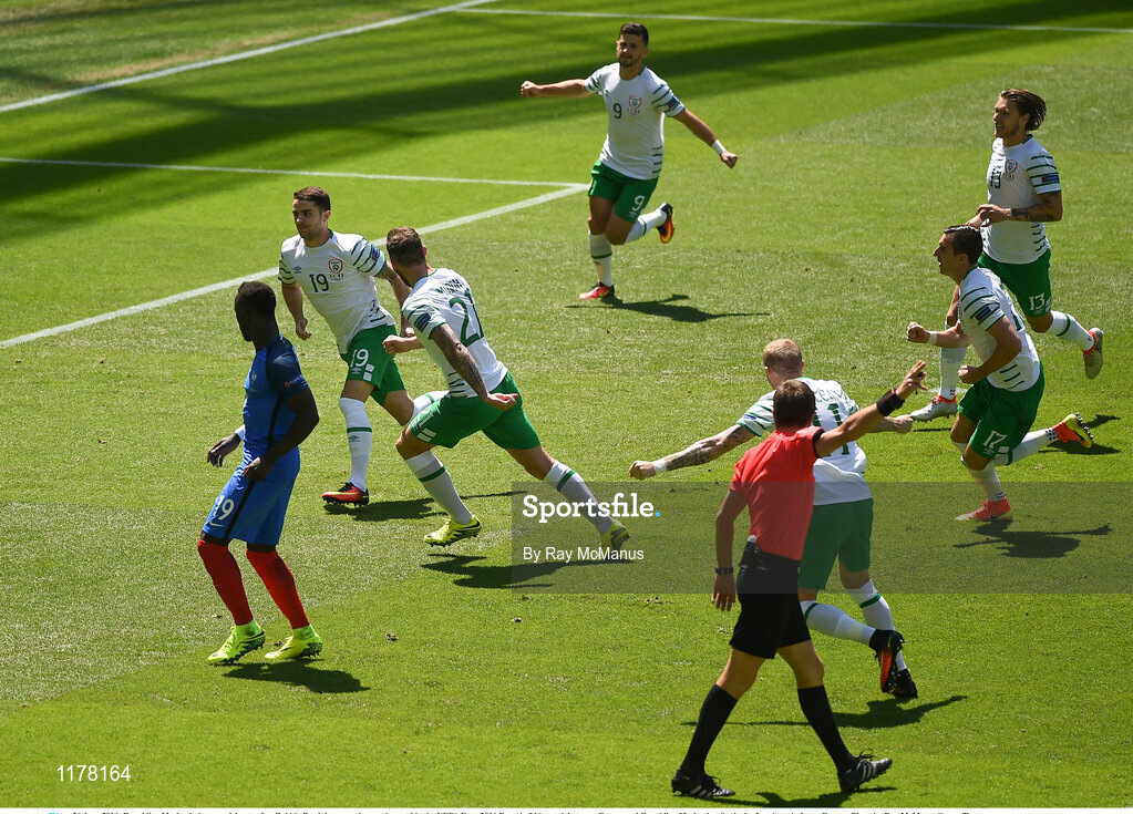 26 June 2016; Republic of Ireland players celebrate after Robbie Brady's scores the opening goal in the UEFA Euro 2016 Round of 16 match between France and Republic of Ireland at Stade des Lumieres in Lyon, France. Photo by Ray McManus/Sportsfile