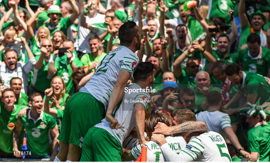 26 June 2016; Republic of Ireland players celebrate their first goal during the UEFA Euro 2016 Round of 16 match between France and Republic of Ireland at Stade des Lumieres in Lyon, France. Photo by David Maher/Sportsfile