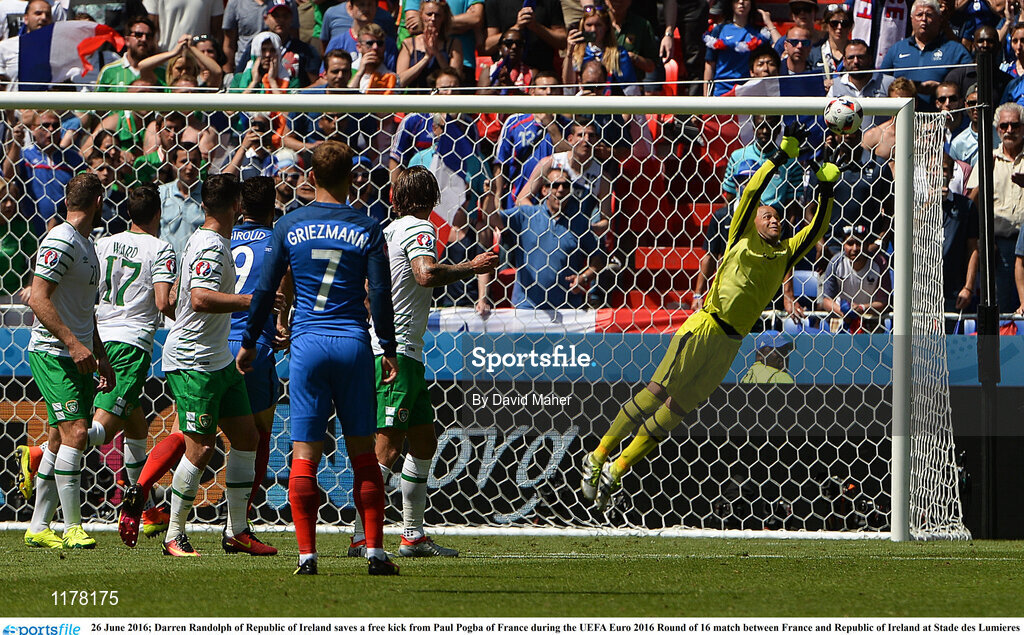 26 June 2016; Darren Randolph of Republic of Ireland saves a free kick from Paul Pogba of France during the UEFA Euro 2016 Round of 16 match between France and Republic of Ireland at Stade des Lumieres in Lyon, France. Photo by David Maher/Sportsfile
