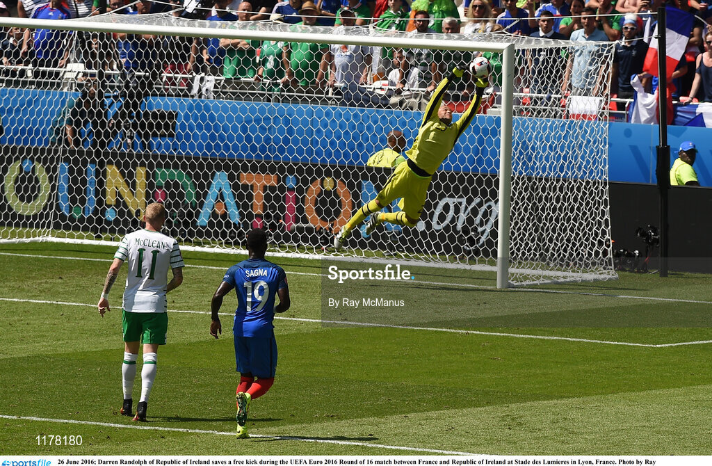 26 June 2016; Darren Randolph of Republic of Ireland saves a free kick during the UEFA Euro 2016 Round of 16 match between France and Republic of Ireland at Stade des Lumieres in Lyon, France. Photo by Ray McManus/Sportsfile