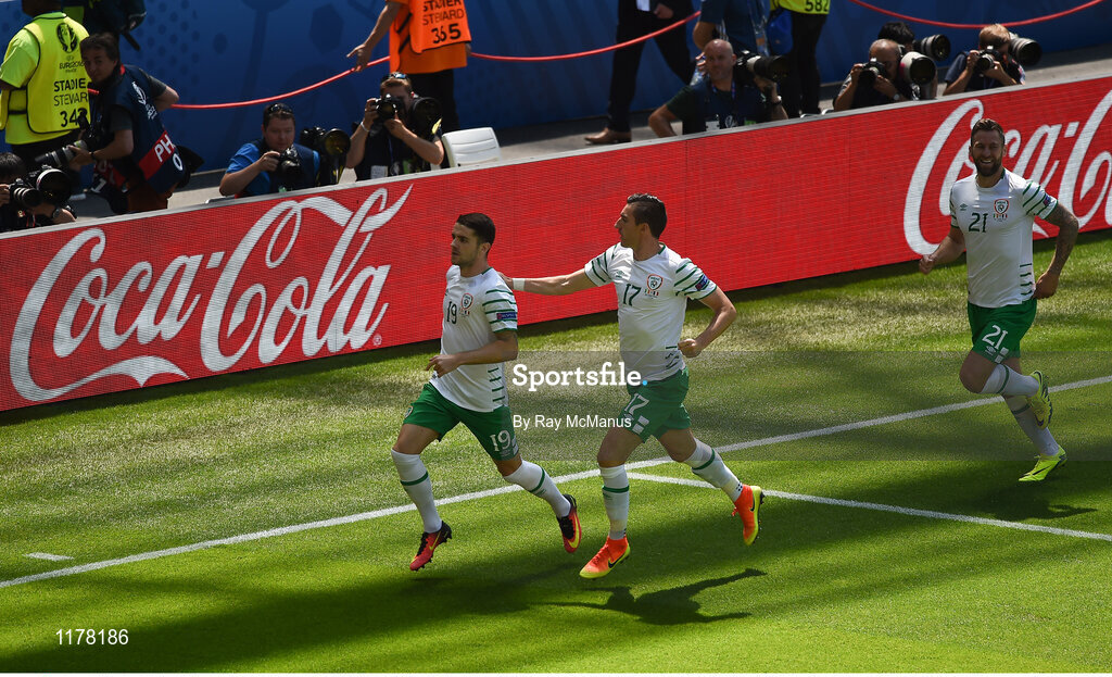 26 June 2016; Republic of Ireland's Robbie Brady celebrates after scoring the opening goal in the UEFA Euro 2016 Round of 16 match between France and Republic of Ireland at Stade des Lumieres in Lyon, France. Photo by Ray McManus/Sportsfile