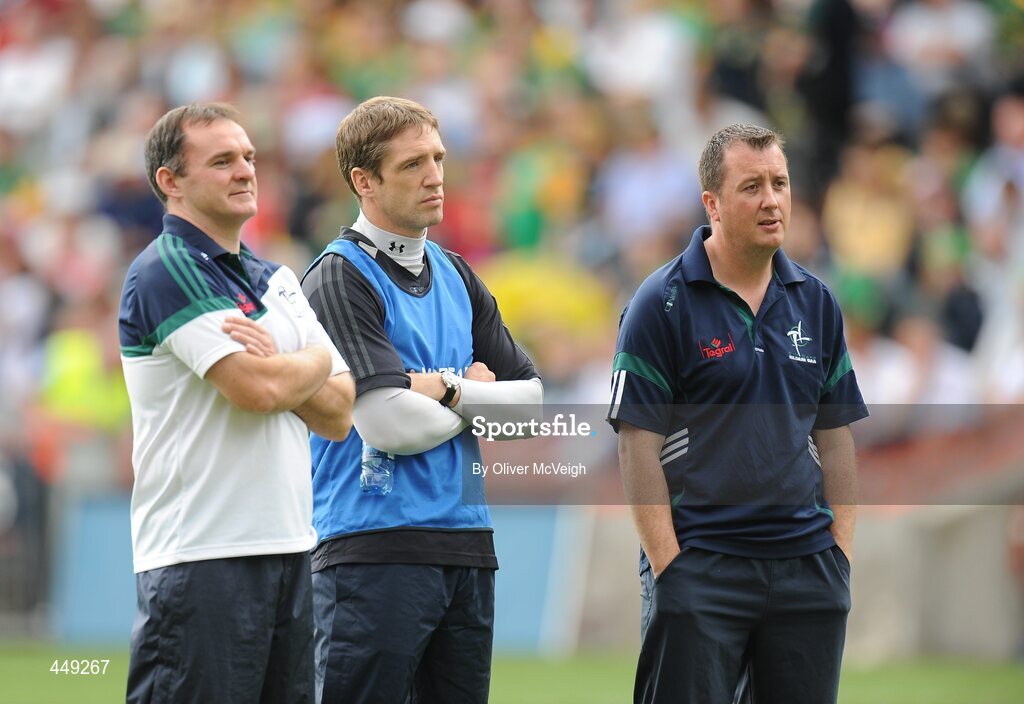 1 August 2010; Kildare manager Kieran McGeeney, centre, along with selectors Aidan O'Rourke, left, and Niall Carew,right. GAA Football All-Ireland Senior Championship Quarter-Final, Meath v Kildare, Croke Park, Dublin. Picture credit: Oliver McVeigh / SPORTSFILE