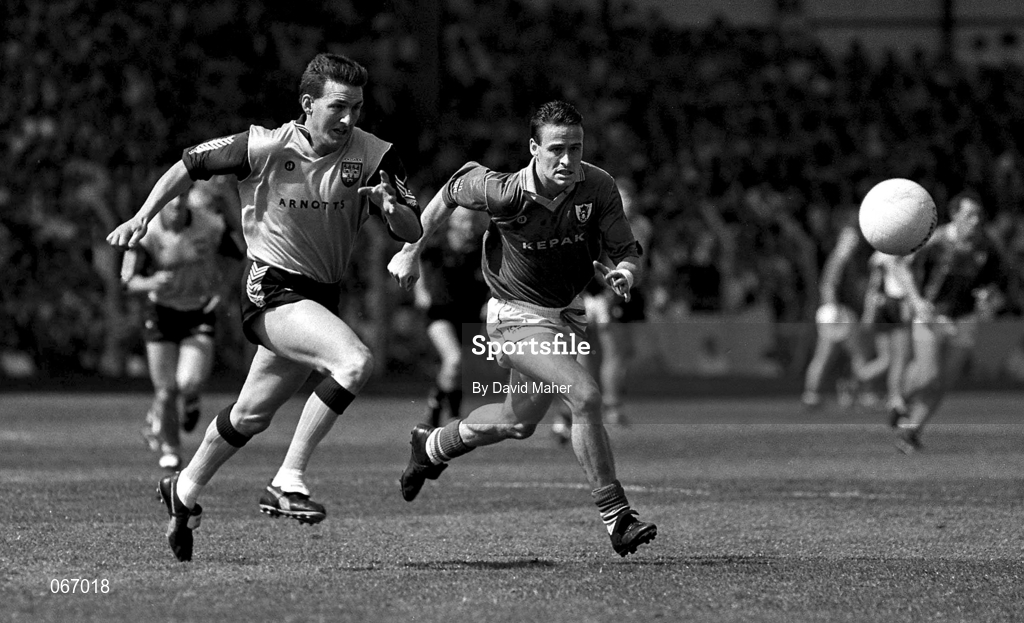 6 July 1991; Mick Deegan of Dublin in action against Bernard Flynn of Meath during the Leinster Senior Football Championship preliminary round third replay match between Dublin and Meath at Croke Park in Dublin. Photo by David Maher/Sportsfile
