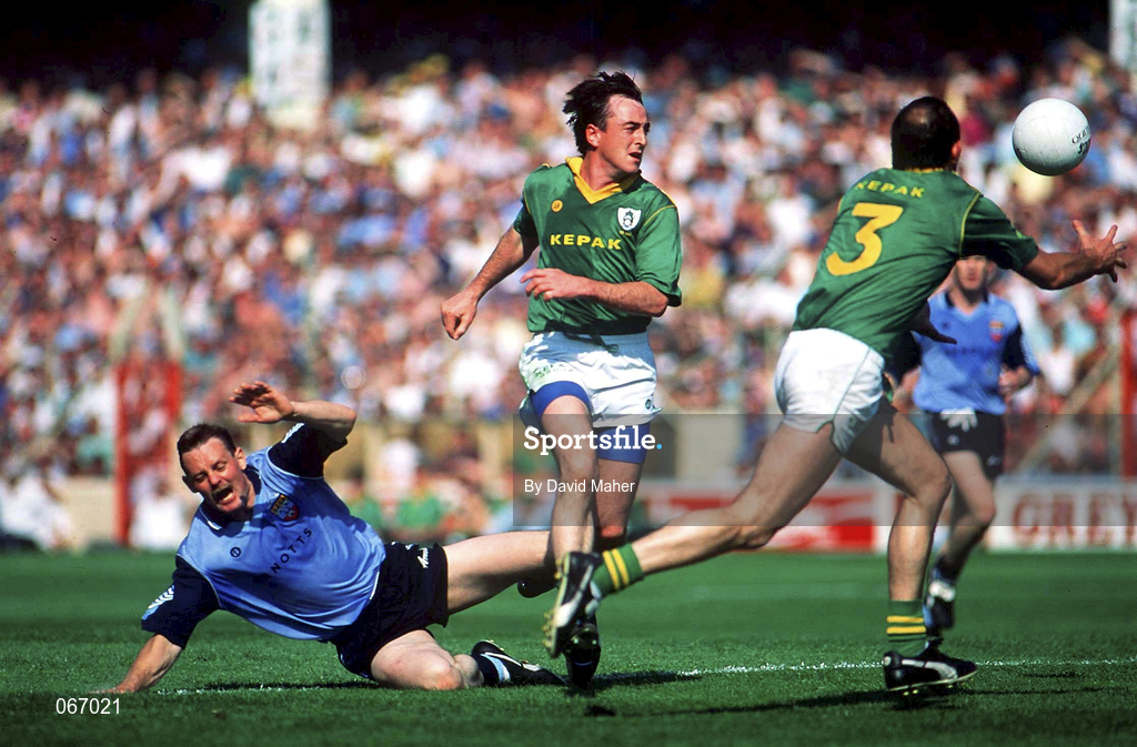 6 July 1991; Ciaran Walsh of Dublin in action against Colm Coyle, centre, and Mick Lyons of Meath during the Leinster Senior Football Championship preliminary round third replay match between Dublin and Meath at Croke Park in Dublin. Photo by David Maher/Sportsfile