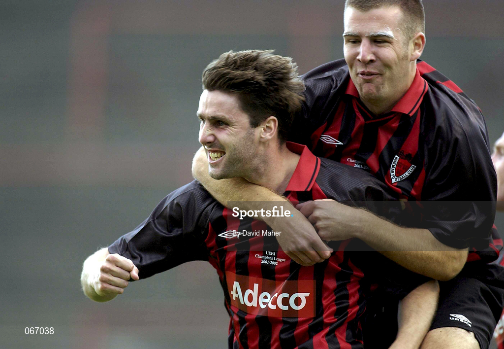 11 July 2001; Shaun Maher of Bohemians celebrates with team-mate Stephen Caffrey after scoring their side's fiurst goal during the UEFA Champions League First Qualifying Round First Leg match between Bohemians and FC Levadia Maardu at Dalymount Park in Dublin. Photo by David Maher/Sportsfile