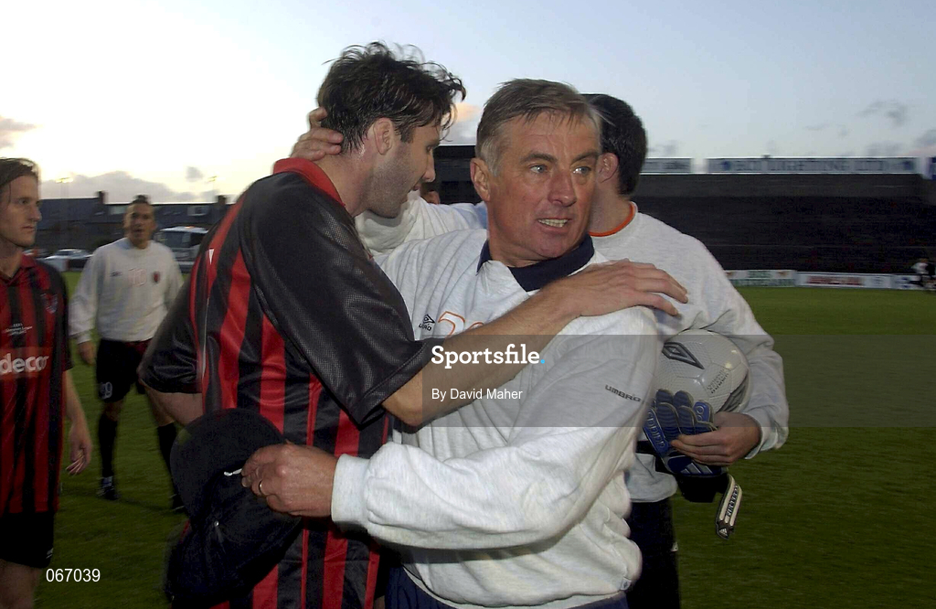 11 July 2001; Bohemians manager Pete Mahon congratulates Shaun Maher after the UEFA Champions League First Qualifying Round First Leg match between Bohemians and FC Levadia Maardu at Dalymount Park in Dublin. Photo by David Maher/Sportsfile