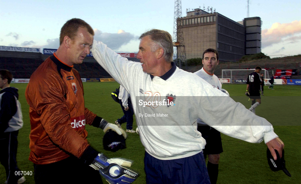 11 July 2001; Bohemians manager Pete Mahon congratulates goalkeeper Wayne Russell after the UEFA Champions League First Qualifying Round First Leg match between Bohemians and FC Levadia Maardu at Dalymount Park in Dublin. Photo by David Maher/Sportsfile