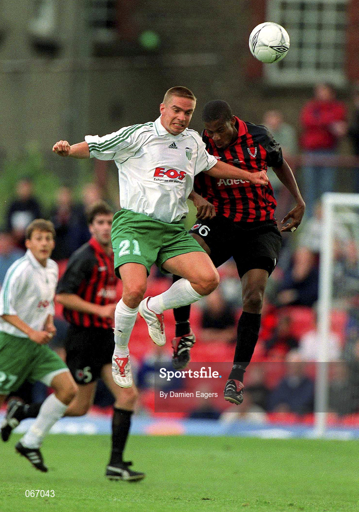 11 July 2001; Avery John of Bohemians in action against Toomas Krom of FC Levadia Maardu during the UEFA Champions League First Qualifying Round First Leg match between Bohemians and FC Levadia Maardu at Dalymount Park in Dublin. Photo by Damien Eagers/Sportsfile