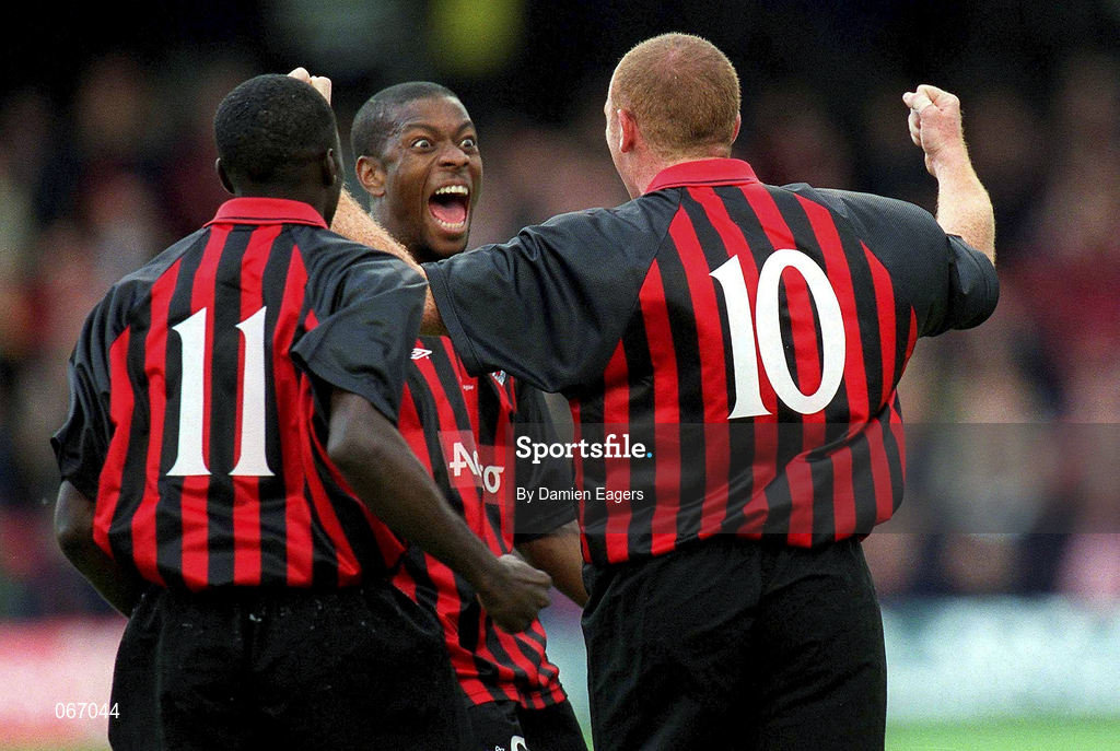 11 July 2001; Glen Crowe of Bohemians, right, celebrates with team-mates Avery John, centre, and Mark Rutherford celebrate after scoring a goal during the UEFA Champions League First Qualifying Round First Leg match between Bohemians and FC Levadia Maardu at Dalymount Park in Dublin. Photo by Damien Eagers/Sportsfile