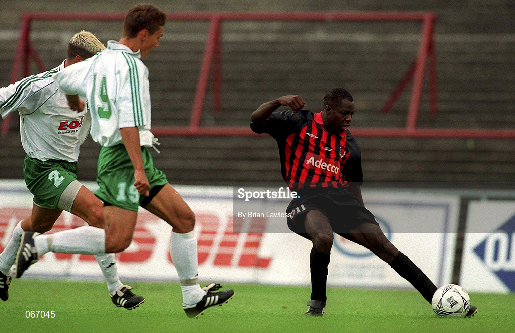 11 July 2001; Mark Rutherford of Bohemians in action against Andrei Kalimullin FC Levadia Maardu during the UEFA Champions League First Qualifying Round First Leg match between Bohemians and FC Levadia Maardu at Dalymount Park in Dublin. Photo by Brian Lawless/Sportsfile