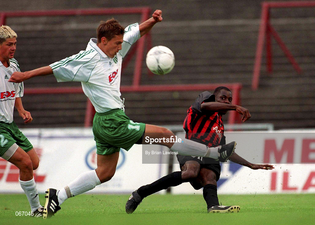11 July 2001; Mark Rutherford of Bohemians in action against Andrei Kalimullin FC Levadia Maardu during the UEFA Champions League First Qualifying Round First Leg match between Bohemians and FC Levadia Maardu at Dalymount Park in Dublin. Photo by Brian Lawless/Sportsfile