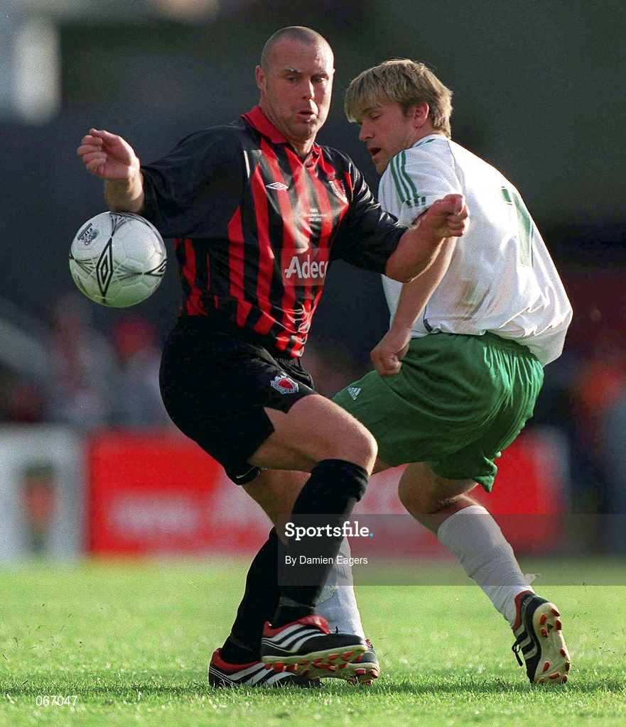 11 July 2001; Paul Byrne of Bohemians in action against Manksim Rotskov of FC Levadia Maardu during the UEFA Champions League First Qualifying Round First Leg match between Bohemians and FC Levadia Maardu at Dalymount Park in Dublin. Photo by Damien Eagers/Sportsfile