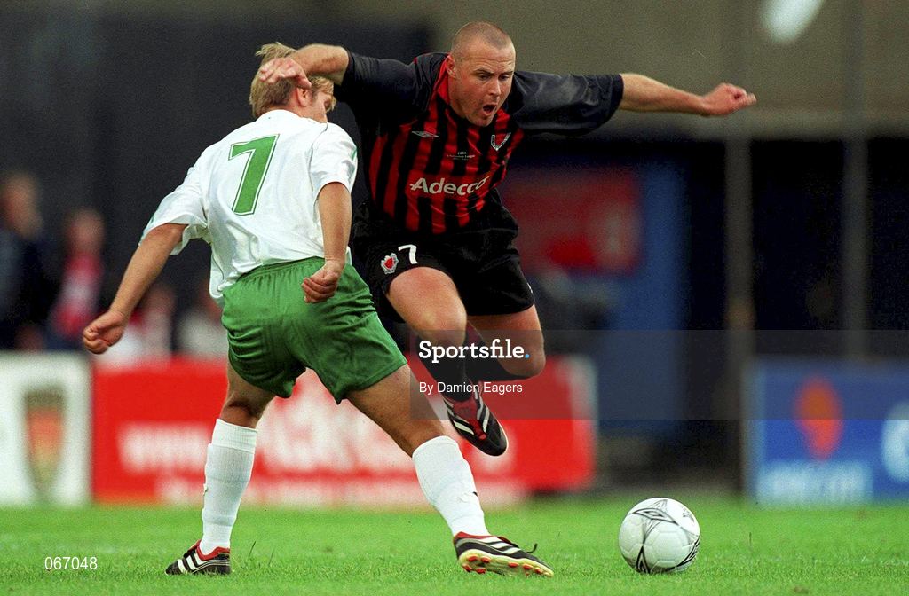 11 July 2001; Paul Byrne of Bohemians in action against Maksim Rotskov of FC Levadia Maardu during the UEFA Champions League First Qualifying Round First Leg match between Bohemians and FC Levadia Maardu at Dalymount Park in Dublin. Photo by Damien Eagers/Sportsfile