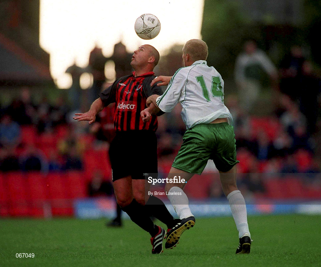 11 July 2001; Paul Byrne of Bohemians in action against Juri Fenin of FC Levadia Maardu during the UEFA Champions League First Qualifying Round First Leg match between Bohemians and FC Levadia Maardu at Dalymount Park in Dublin. Photo by Brian Lawless/Sportsfile