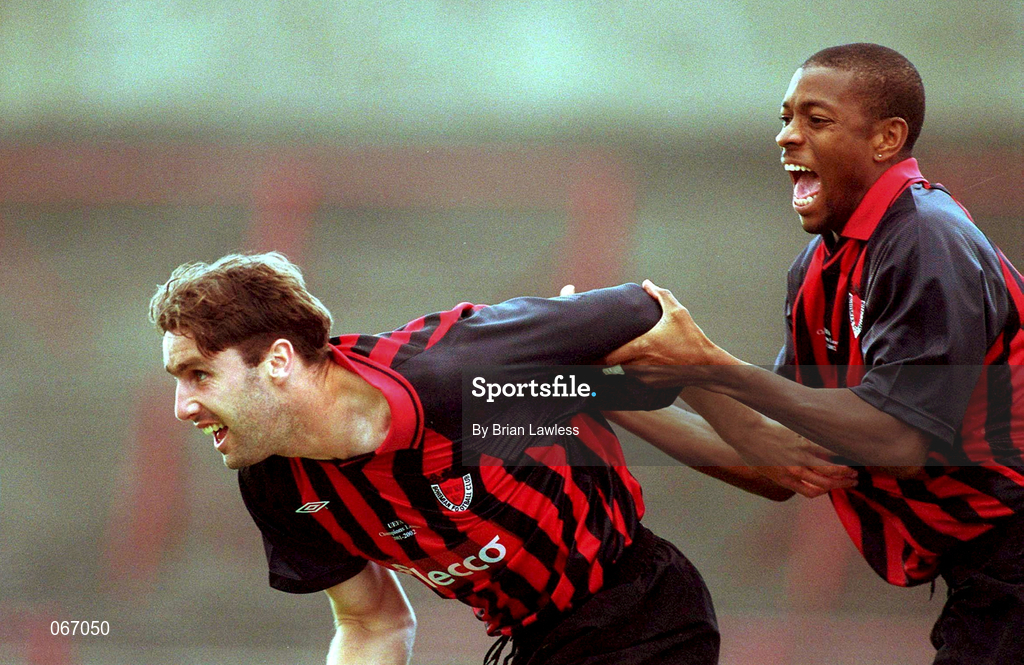 11 July 2001; Shaun Maher of Bohemians celebrates with team-mate Mark Rutherford after scoring their side's first goal during the UEFA Champions League First Qualifying Round First Leg match between Bohemians and FC Levadia Maardu at Dalymount Park in Dublin. Photo by Brian Lawless/Sportsfile