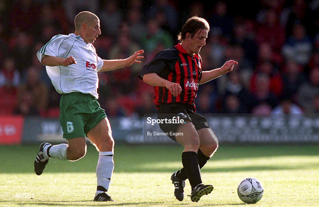 11 July 2001; Simon Webb of Bohemians in action against Dmitiri Kulikov of FC Levadia Maardu during the UEFA Champions League First Qualifying Round First Leg match between Bohemians and FC Levadia Maardu at Dalymount Park in Dublin. Photo by Damien Eagers/Sportsfile