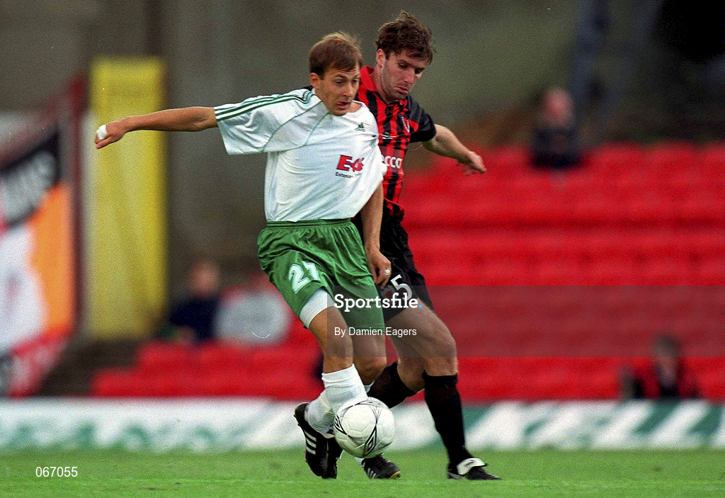 11 July 2001; Vladimir Tselnokov of FC Levadia Maardu in action against Shaun Maher of Bohemians during the UEFA Champions League First Qualifying Round First Leg match between Bohemians and FC Levadia Maardu at Dalymount Park in Dublin. Photo by Damien Eagers/Sportsfile