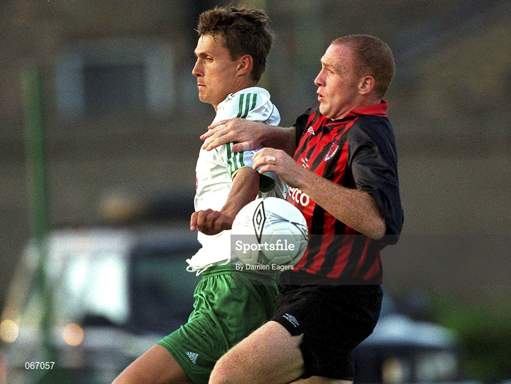 11 July 2001; Glen Crowe of Bohemians in action against Indro Olumets of FC Levadia Maardu during the UEFA Champions League First Qualifying Round First Leg match between Bohemians and FC Levadia Maardu at Dalymount Park in Dublin. Photo by Damien Eagers/Sportsfile
