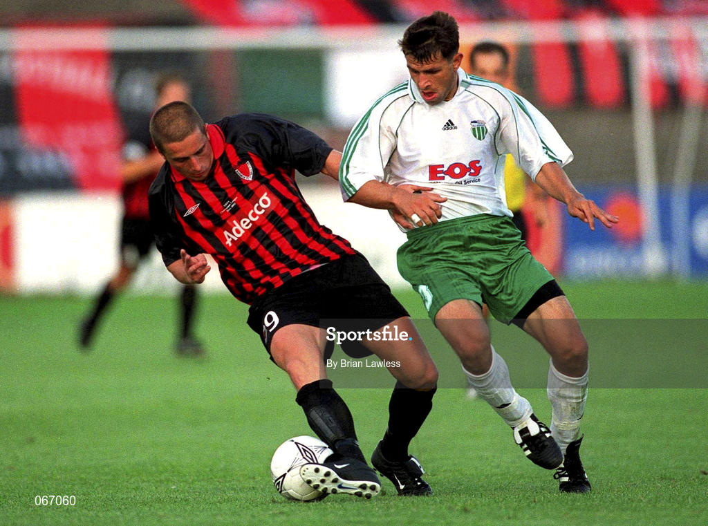 11 July 2001; Alex Nesovic of Bohemians in action against Oleksander Tatarinov of FC Levadia Maardu during the UEFA Champions League First Qualifying Round First Leg match between Bohemians and FC Levadia Maardu at Dalymount Park in Dublin. Photo by Brian Lawless/Sportsfile