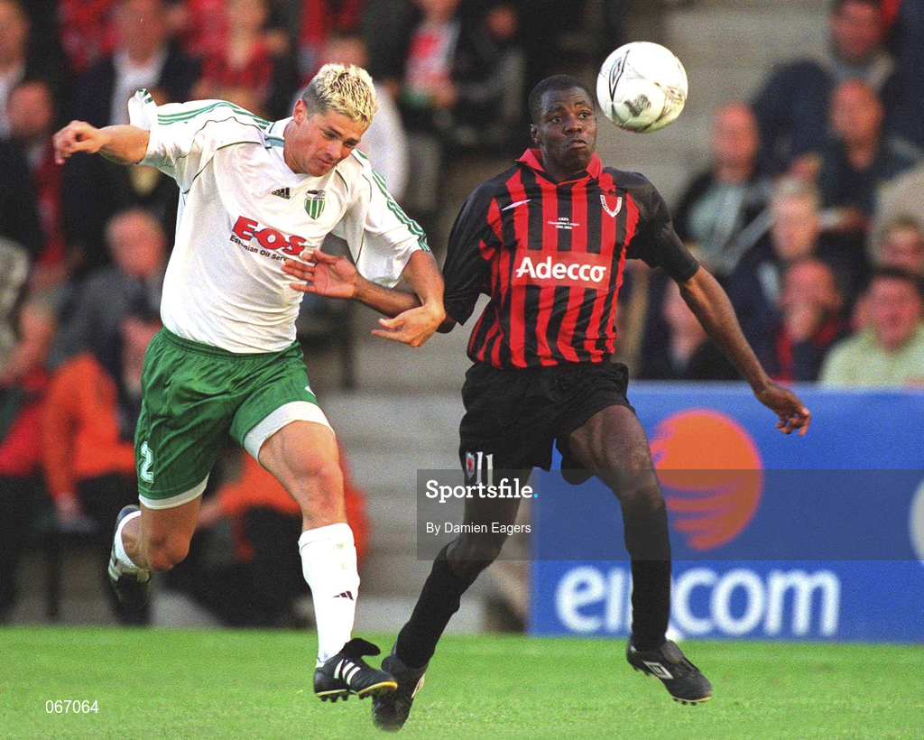 11 July 2001; Mark Rutherford of Bohemians in action against Juri Leitan of FC Levadia Maardu during the UEFA Champions League First Qualifying Round First Leg match between Bohemians and FC Levadia Maardu at Dalymount Park in Dublin. Photo by Damien Eagers/Sportsfile