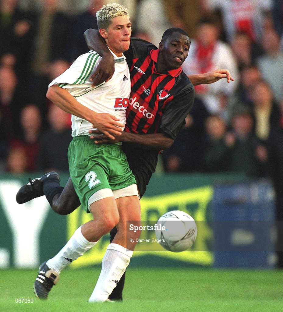 11 July 2001; Mark Rutherford of Bohemians in action against Juri Leitan of FC Levadia Maardu during the UEFA Champions League First Qualifying Round First Leg match between Bohemians and FC Levadia Maardu at Dalymount Park in Dublin. Photo by Damien Eagers/Sportsfile