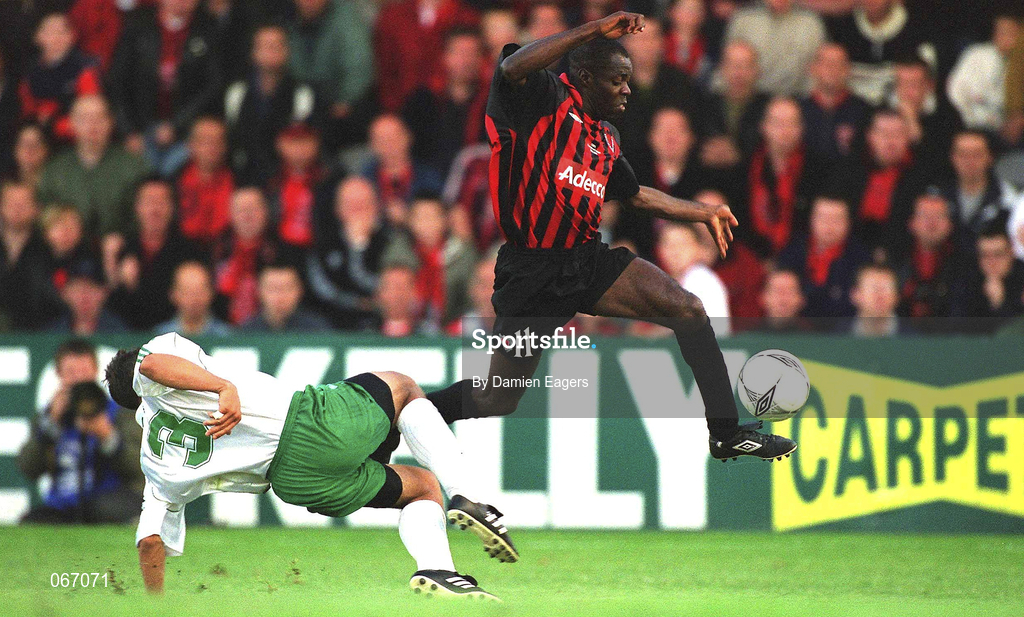 11 July 2001; Mark Rutherford of Bohemians is fouled by Oleksander Tatarinov of FC Levadia Maardu resulting in a penalty during the UEFA Champions League First Qualifying Round First Leg match between Bohemians and FC Levadia Maardu at Dalymount Park in Dublin. Photo by Damien Eagers/Sportsfile