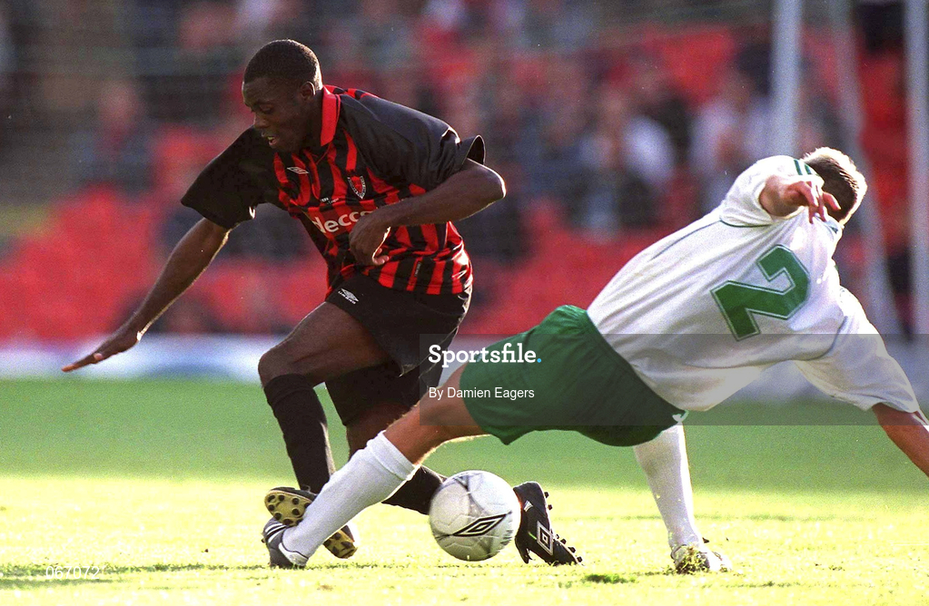 11 July 2001; Mark Rutherford of Bohemians in action against Juri Leitan of FC Levadia Maardu during the UEFA Champions League First Qualifying Round First Leg match between Bohemians and FC Levadia Maardu at Dalymount Park in Dublin. Photo by Damien Eagers/Sportsfile