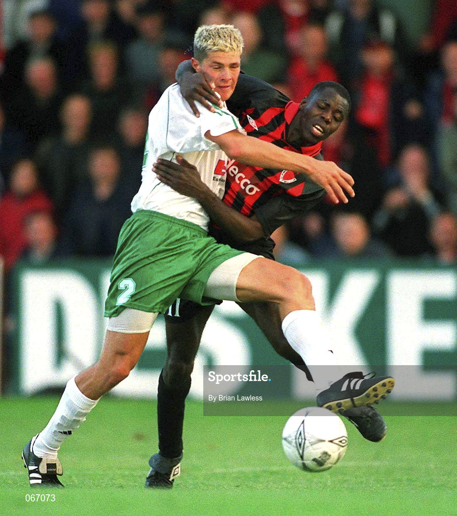 11 July 2001; Mark Rutherford of Bohemians in action against Juri Leitan of FC Levadia Maardu during the UEFA Champions League First Qualifying Round First Leg match between Bohemians and FC Levadia Maardu at Dalymount Park in Dublin. Photo by Brian Lawless/Sportsfile