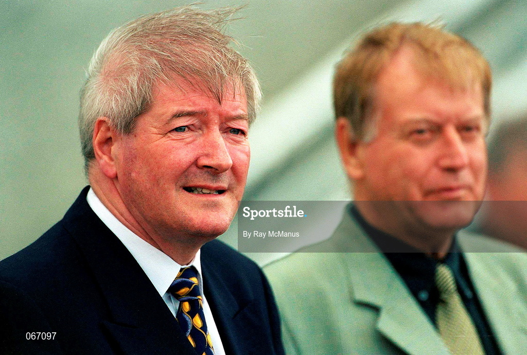 29 June 2001; International Secretary of the Athletics Association of Ireland Chris Wall, left, with Andy Norman during the Dublin International Athletics meet at Morton Stadium in Santry, Dublin. Photo by Ray McManus/Sportsfile