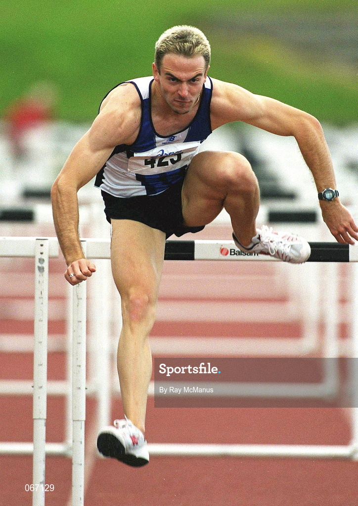 29 June 2001; Peter Coghlan of Crusaders AC competing in the men's 110m hurdles during the Dublin International Athletics meet at Morton Stadium in Santry, Dublin. Photo by Ray McManus/Sportsfile