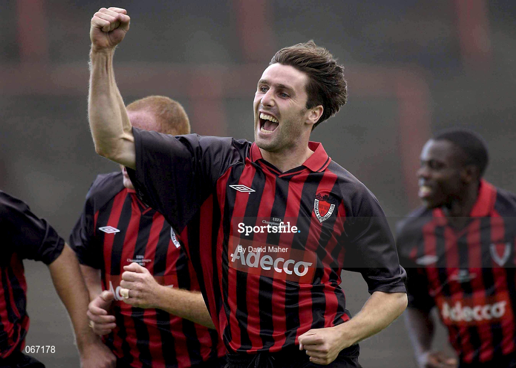 11 July 2001; Shaun Maher of Bohemians celebrates after scoring his side's first goal during the UEFA Champions League First Qualifying Round First Leg match between Bohemians and FC Levadia Maardu at Dalymount Park in Dublin. Photo by David Maher/Sportsfile