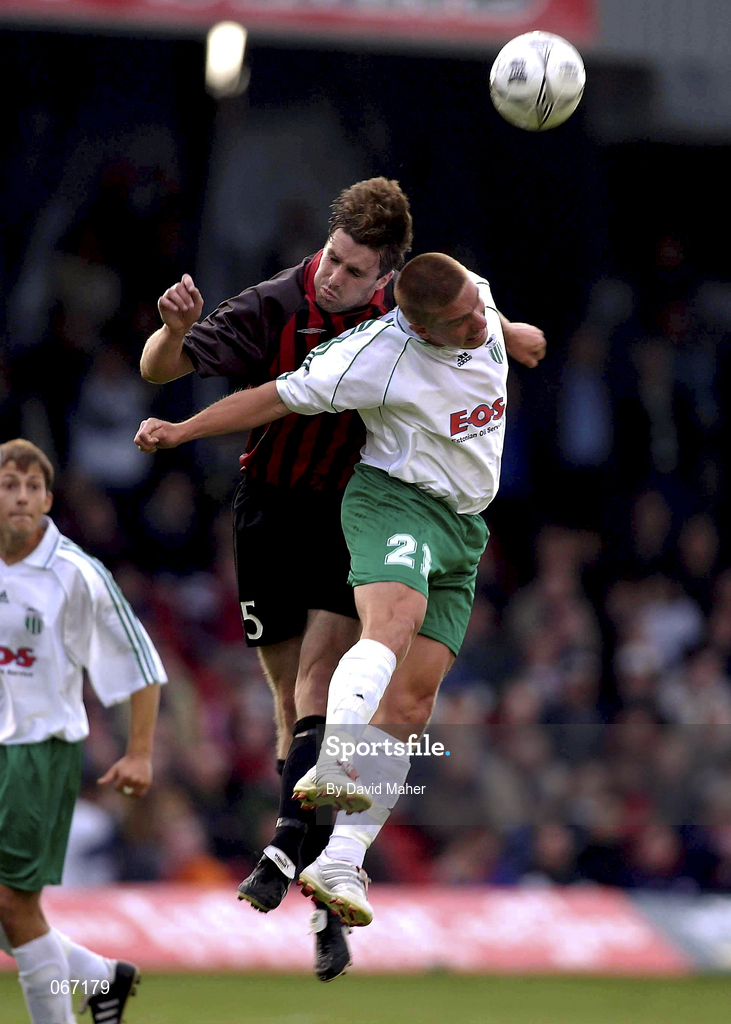 11 July 2001; Shaun Maher of Bohemians in action against Toomas Krom of FC Levadia Maardu during the UEFA Champions League First Qualifying Round First Leg match between Bohemians and FC Levadia Maardu at Dalymount Park in Dublin. Photo by David Maher/Sportsfile