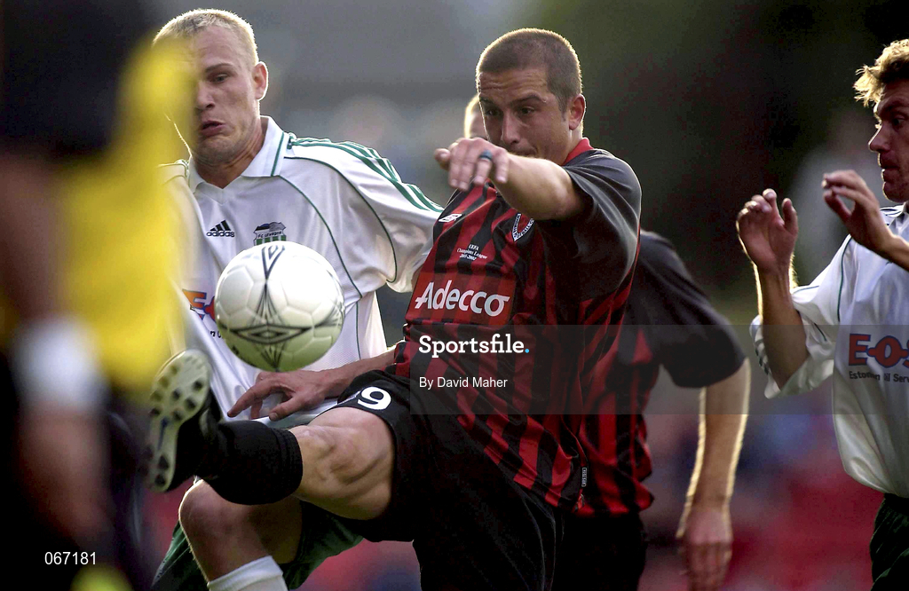 11 July 2001; Alex Nesovic of Bohemians in action against Igor Prins, left, and Dmitri Kulikov of FC Levadia Maardu during the UEFA Champions League First Qualifying Round First Leg match between Bohemians and FC Levadia Maardu at Dalymount Park in Dublin. Photo by David Maher/Sportsfile