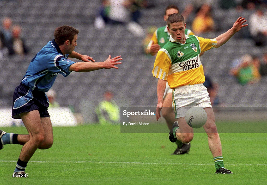 15 July 2001; Michael Hoey of Offaly in action against David Galvin of Dublin during the Leinster Minor Football Championship Final match between Dublin and Offaly in Croke Park, Dublin. Photo by David Maher/Sportsfile