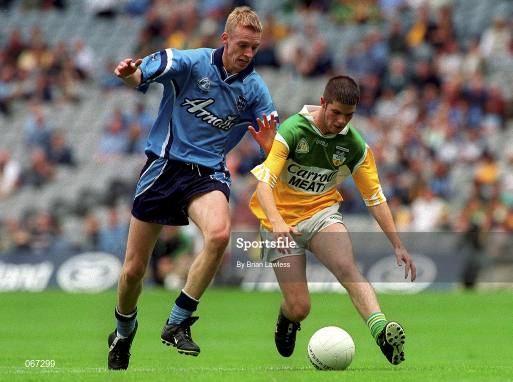 15 July 2001; Mark O'Connor of Offaly in action against Padraig Brennan of Dublin during the Leinster Minor Football Championship Final match between Dublin and Offaly in Croke Park, Dublin. Photo by Brian Lawless/Sportsfile