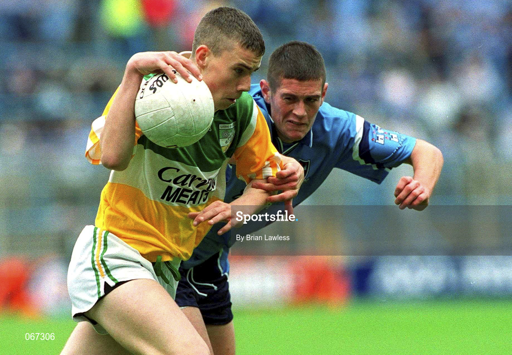 15 July 2001; Niall McNamee of Offaly in action against Declan O'Mahony of Dublin during the Leinster Minor Football Championship Final match between Dublin and Offaly in Croke Park, Dublin. Photo by Brian Lawless/Sportsfile