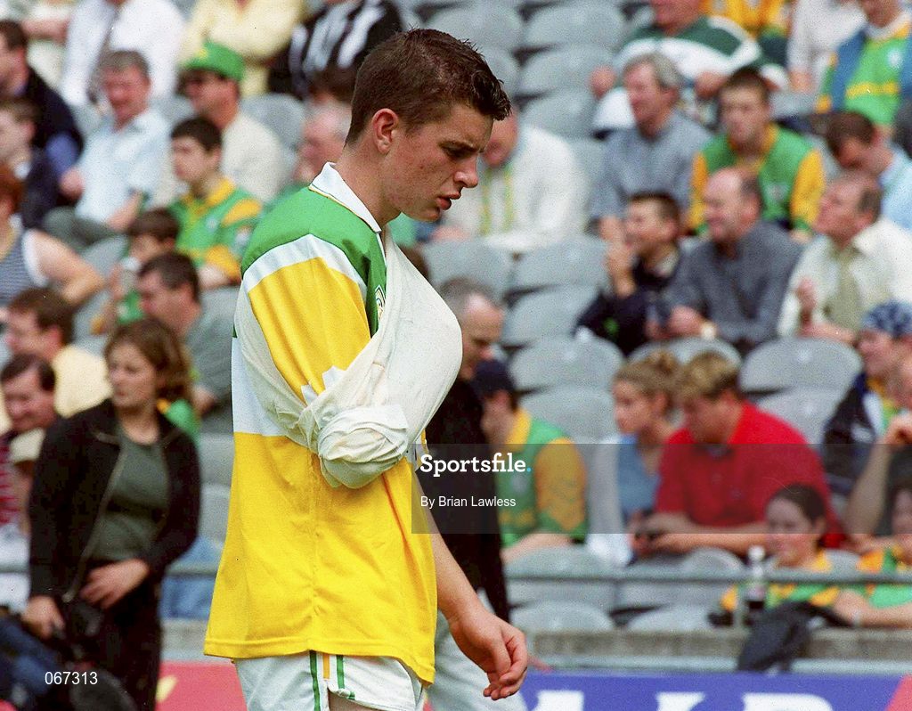 15 July 2001; An injured Marius Stones of Offaly leaves the pitch after the Leinster Minor Football Championship Final match between Dublin and Offaly in Croke Park, Dublin. Photo by Brian Lawless/Sportsfile