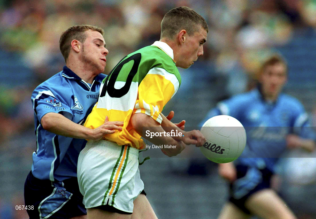 15 July 2001; Niall McNamee of Offaly in action against Barry Lyons of Dublin during the Leinster Minor Football Championship Final match between Dublin and Offaly in Croke Park, Dublin. Photo by David Maher/Sportsfile
