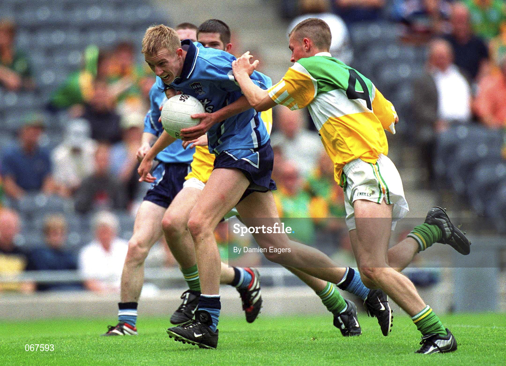 15 July 2001; Padraig Brennan of Dublin in action against Shane Sullivan of Offaly during the Leinster Minor Football Championship Final match between Dublin and Offaly in Croke Park, Dublin. Photo by Damien Eagers/Sportsfile