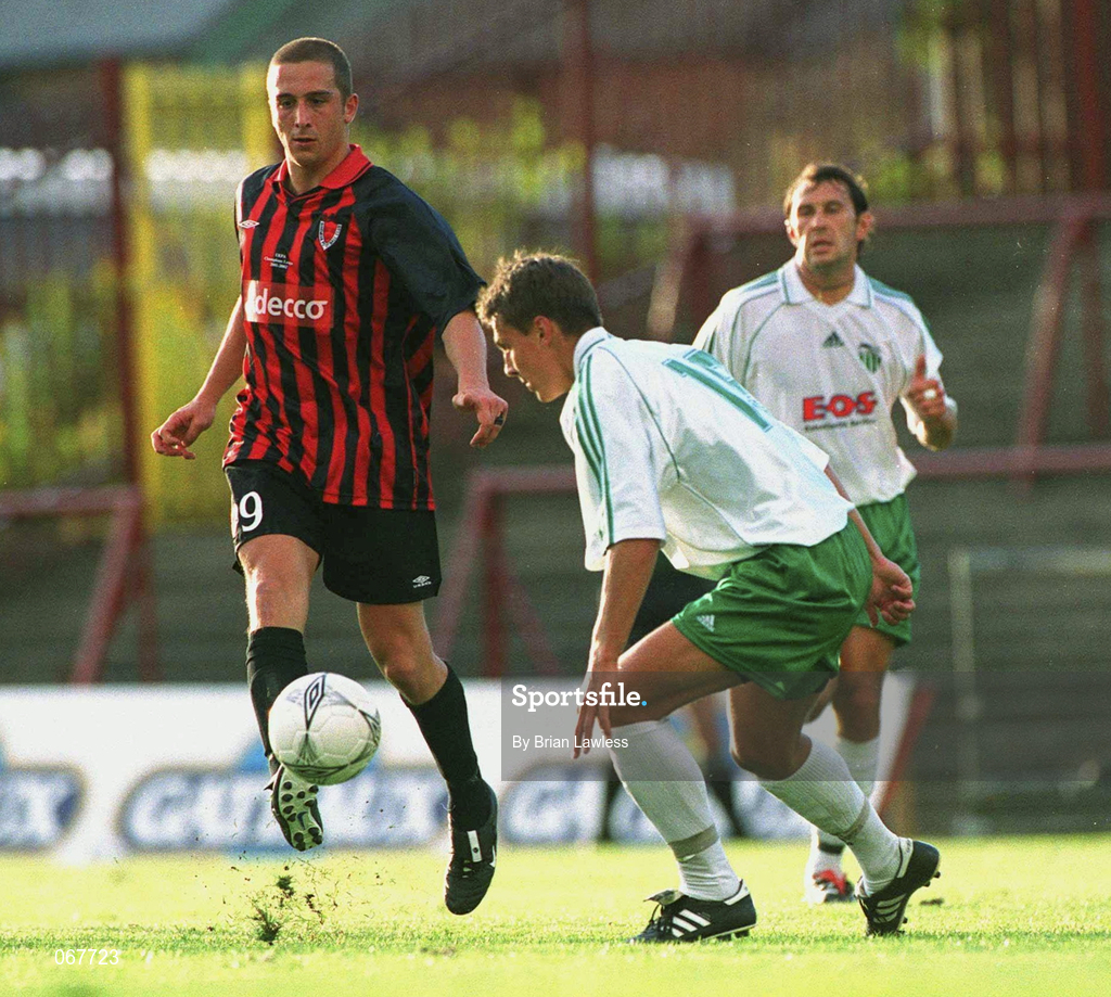 11 July 2001; Alex Nesovic of Bohemians in action against Andrei Kalimullin of FC Levadia Maardu during the UEFA Champions League First Qualifying Round First Leg match between Bohemians and FC Levadia Maardu at Dalymount Park in Dublin. Photo by Brian Lawless/Sportsfile