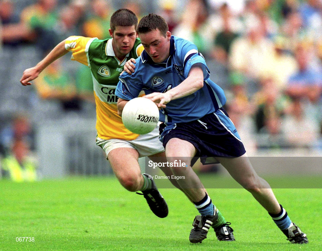 15 July 2001; John Noonan of Dublin in action against Mark O'Connor of Offaly during the Leinster Minor Football Championship Final match between Dublin and Offaly in Croke Park, Dublin. Photo by Damien Eagers/Sportsfile