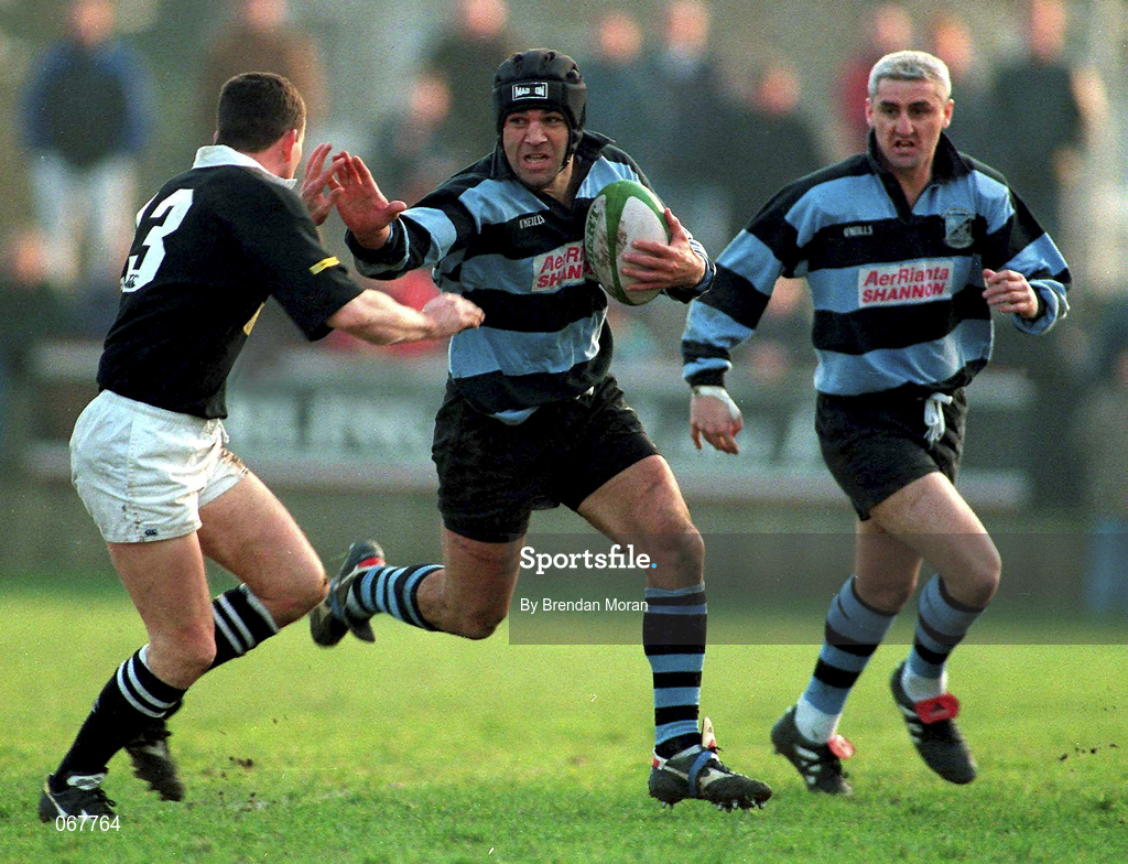31 January 1998; Rhys Ellison of Shannon is tackled by Michael Rainey of Ballymena during the All-Ireland League Division 1 match between Shannon RFC and Ballymena RFC at Thomond Park in Limerick. Photo by Brendan Moran/Sportsfile