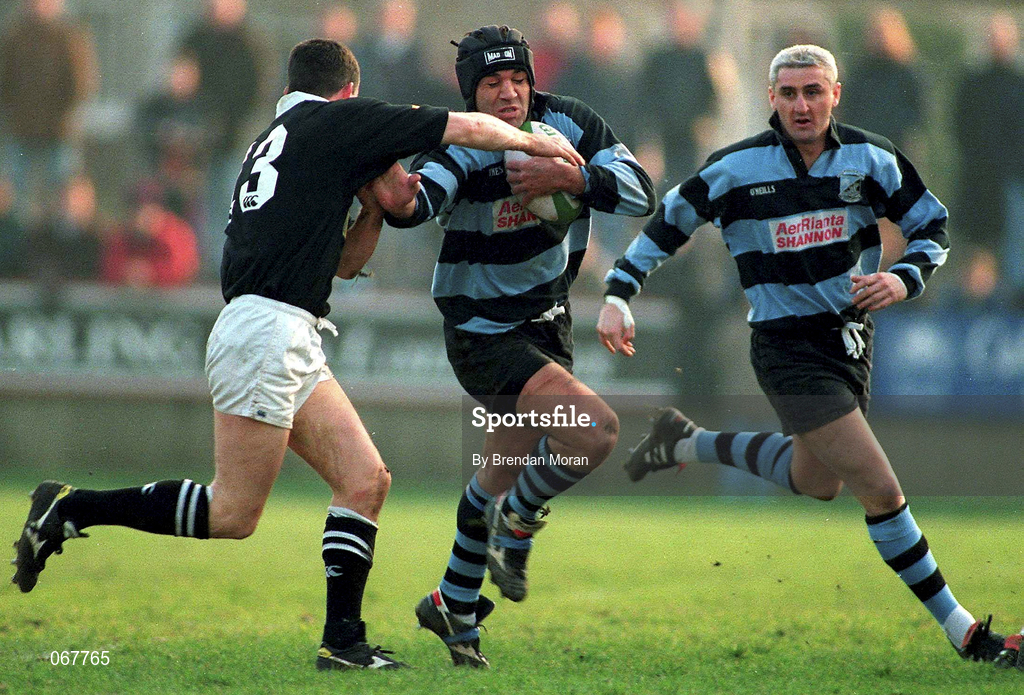 31 January 1998; Rhys Ellison of Shannon is tackled by Michael Rainey of Ballymena during the All-Ireland League Division 1 match between Shannon RFC and Ballymena RFC at Thomond Park in Limerick. Photo by Brendan Moran/Sportsfile