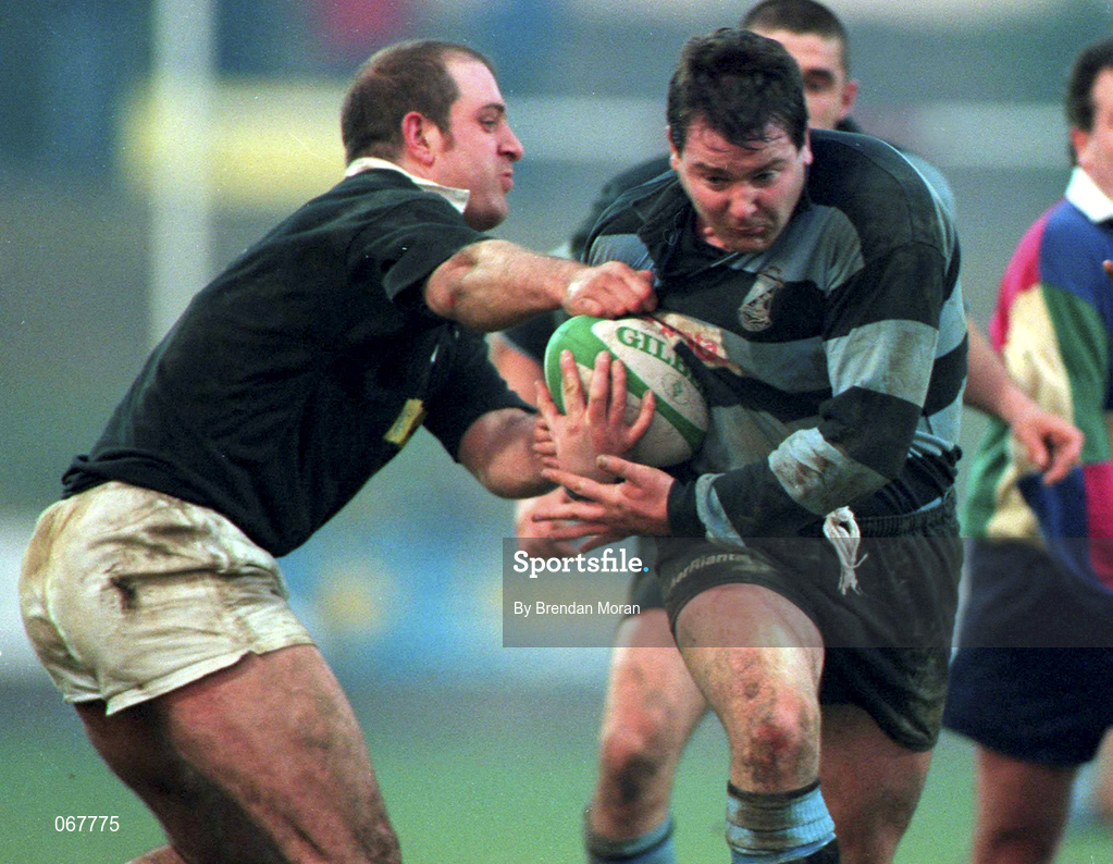 31 January 1998; Anthony Foley of Shannon is tackled by Keith Gallick of Ballymena during the All-Ireland League Division 1 match between Shannon RFC and Ballymena RFC at Thomond Park in Limerick. Photo by Brendan Moran/Sportsfile