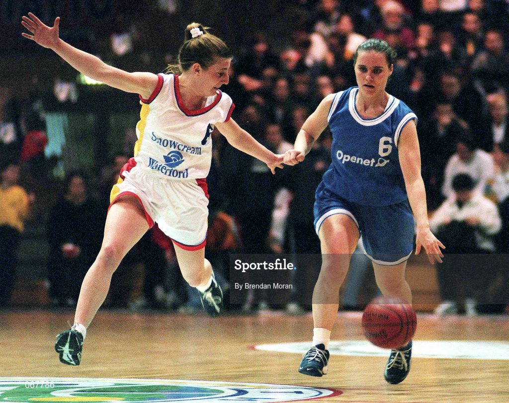 25 January 1998; Donna Roche of Opennet Naomh Mhuire in action against Olivia O'Reilly of Snowcream Waterford Wildcats during the Sprite Women's Senior National Cup Final between Snowcream Waterford Wildcats and Opennet Naomh Mhuire at the National Basketball Arena in Tallaght, Dublin. Photo by Brendan Moran/Sportsfile