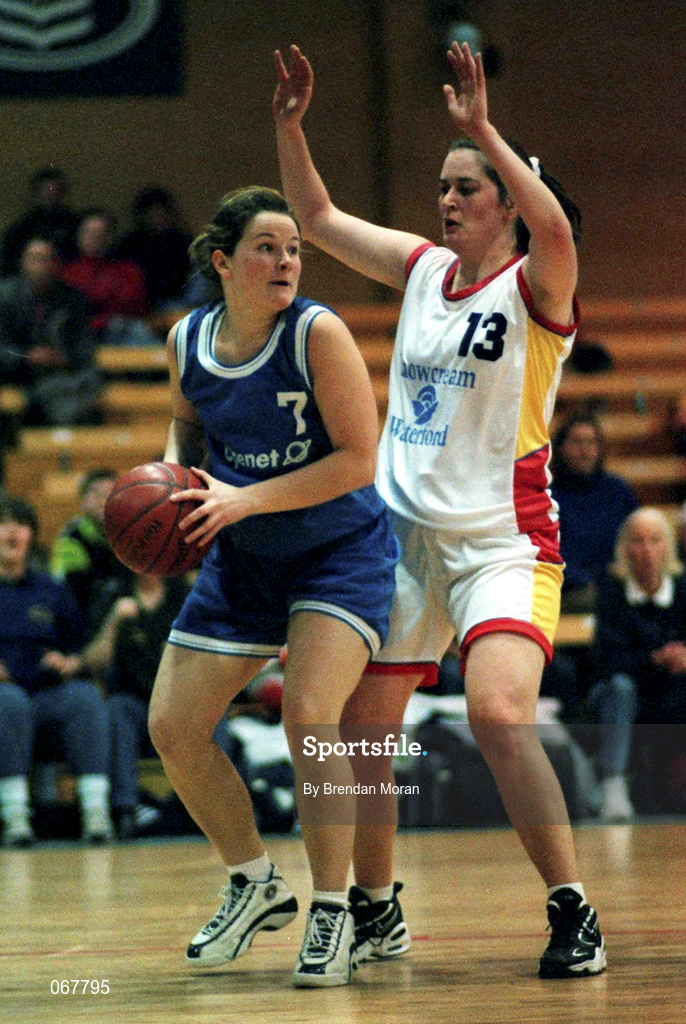 25 January 1998; Siobhan Kelly of Opennet Naomh Mhuire in action against Trish Nolan of Snowcream Waterford Wildcats during the Sprite Women's Senior National Cup Final between Snowcream Waterford Wildcats and Opennet Naomh Mhuire at the National Basketball Arena in Tallaght, Dublin. Photo by Brendan Moran/Sportsfile