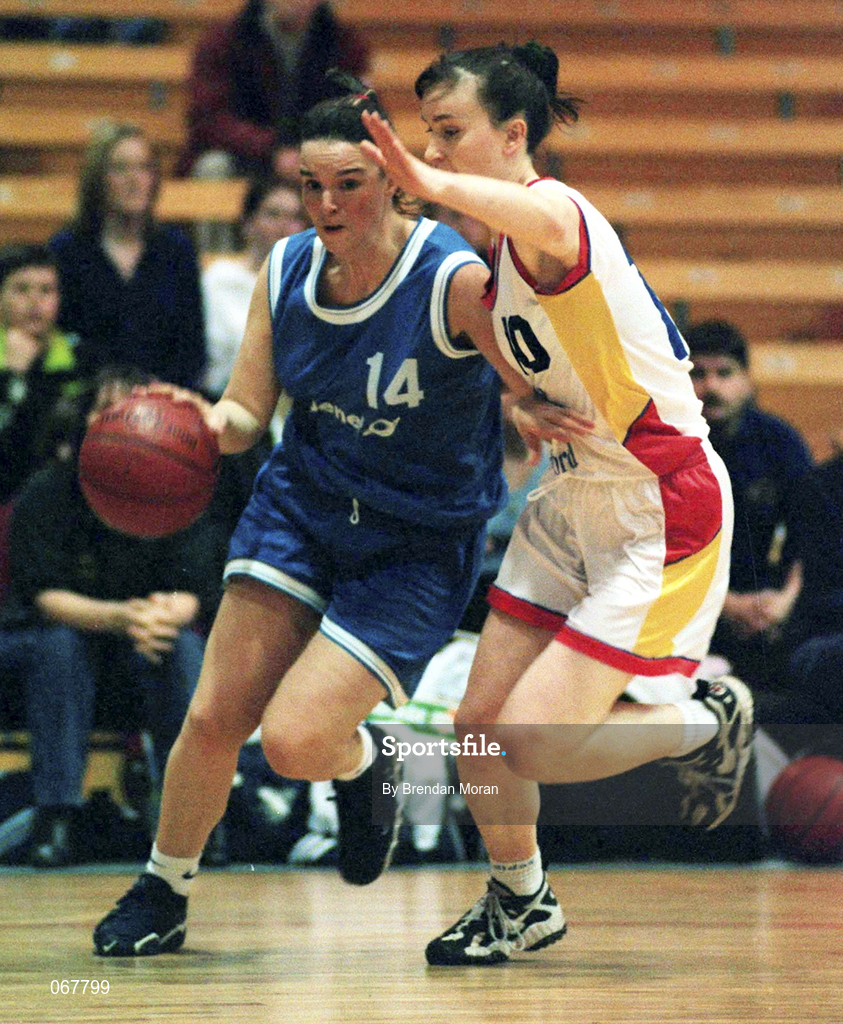 25 January 1998; Caitriona O'Keeffe of Opennet Naomh Mhuire in action against Michelle Maguire of Snowcream Waterford Wildcats during the Sprite Women's Senior National Cup Final between Snowcream Waterford Wildcats and Opennet Naomh Mhuire at the National Basketball Arena in Tallaght, Dublin. Photo by Brendan Moran/Sportsfile