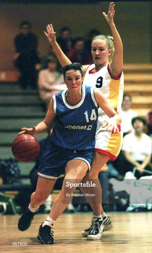 25 January 1998;  Caitriona O'Keeffe of Opennet Naomh Mhuire in action against Caitriona White of Snowcream Waterford Wildcats during the Sprite Women's Senior National Cup Final between Snowcream Waterford Wildcats and Opennet Naomh Mhuire at the National Basketball Arena in Tallaght, Dublin. Photo by Brendan Moran/Sportsfile