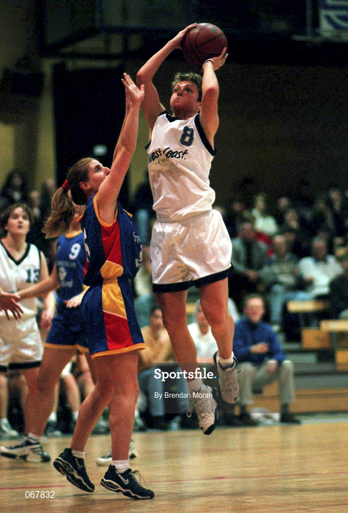 24 January 1998; Angie McNally of Meteors in action against Olivia O'Reilly of Snowcream Waterford Wildcats during the Sprite Women's Senior National Cup Semi-Final between Snowcream Waterford Wildcats and Meteors at the National Basketball Arena in Tallaght, Dublin. Photo by Brendan Moran/Sportsfile