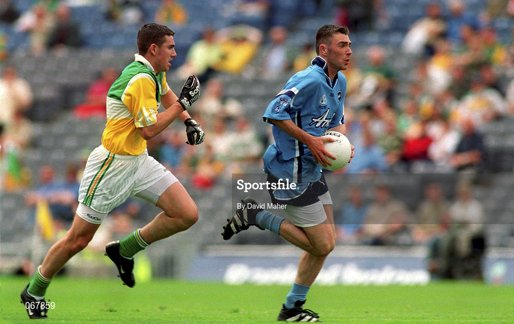 15 July 2001; Niall McAuliffe of Dublin in action against Brendan Bracken of Offaly during the Leinster Minor Football Championship Final match between Dublin and Offaly in Croke Park, Dublin. Photo by David Maher/Sportsfile